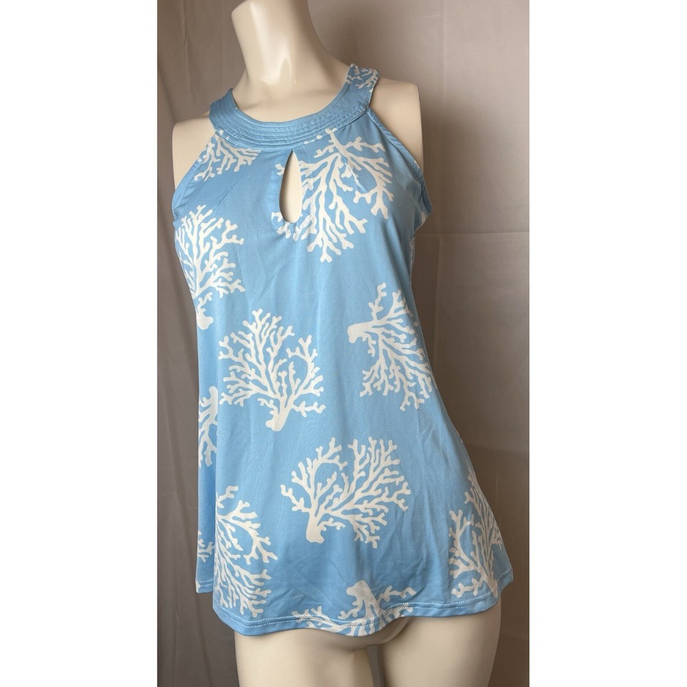 Escapada Living Coral Print Blue White Top SZ S